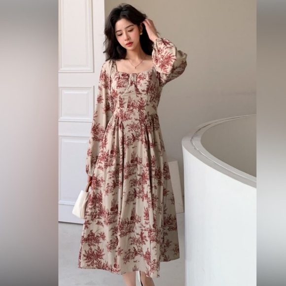 Dazy Burgundy and Cream Toile Dress with Ballon Sleeves Bustier Top Basque Waist - Picture 2 of 12